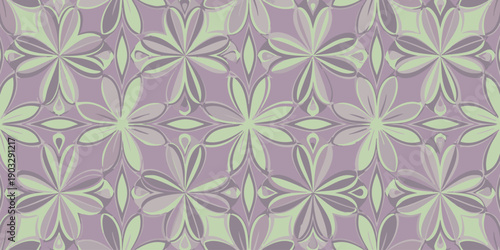 A serene floral pattern featuring soft purple and green hues in a repeating design from a direct viewpoint