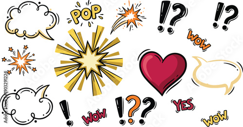 Comic Expression and Emotion Icon Set with Speech Bubbles, Symbols, and Reaction Elements