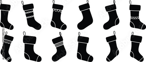Christmas stocking silhouettes, holiday decorations, festive sock icons, winter celebration, hanging stockings, Christmas decor, black and white vector art, festive season symbols.