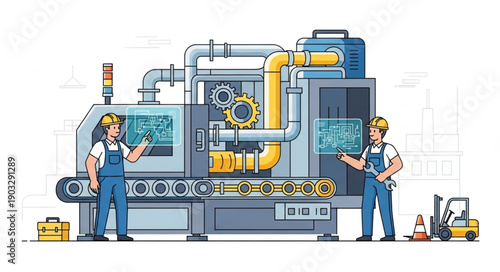 Two workers operating complex industrial machinery in a factory setting.