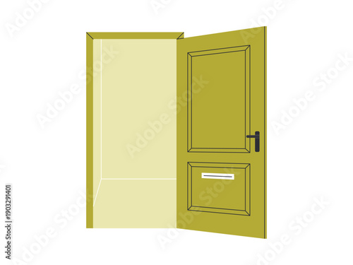 Home wooden door frame, entry, exit door frame, entrance with door knob, doorway, house doorway, half open and exit-entrance door from inside, room portal for entering flat vector illustration.