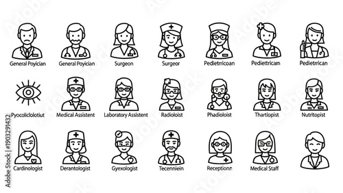 Medical Professionals Various Occupations Line Icons.