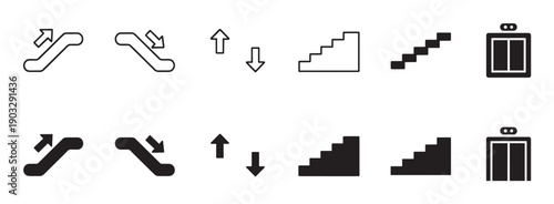 Collection of black public navigation icons showing escalator, stairs, elevator, and arrows in both outline and solid fill styles for wayfinding and user interface design