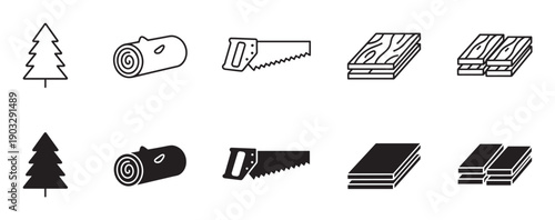 Set of black wood processing icons showing the stages from tree to lumber, presented in both minimalist line art and solid glyph styles for various design applications