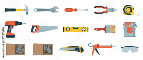 Large collection of construction and repair tools like a hammer, drill, saw, and paintbrush, presented as a colorful flat design vector illustration icon set for DIY projects