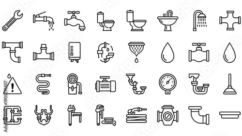 Plumbing tools and equipment icons set.