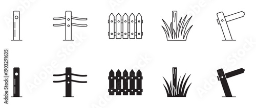 Set of black fence and post icons showing various outdoor elements in two styles, a minimalist line art outline and a solid filled glyph version for graphic design projects