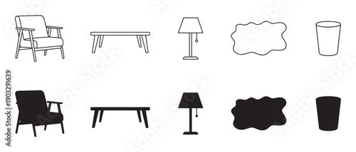 Set of black furniture and home decor icons showing an armchair, table, lamp, rug, and glass in both minimalist line art and solid silhouette styles for graphic design