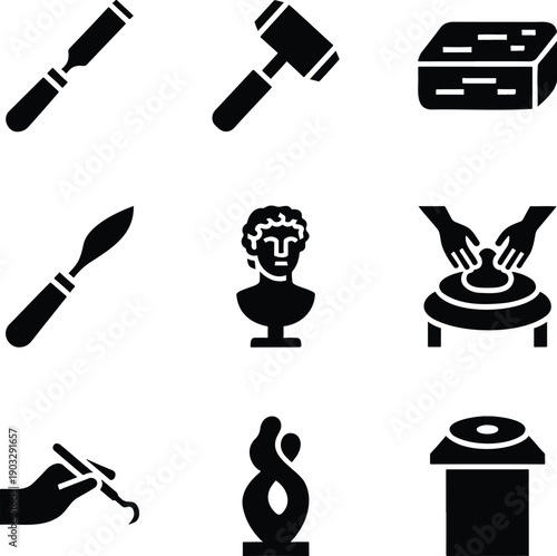 Sculpting and Sculpture Solid Black Icon Set with Clay Tools and Artistic Process
