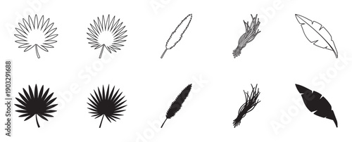 Set of black and white tropical leaf icons showing different plant species in both outline and solid silhouette styles for graphic design and botanical illustration concepts