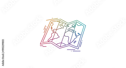 Vibrant gradient line art world map icon representing global navigation and international travel