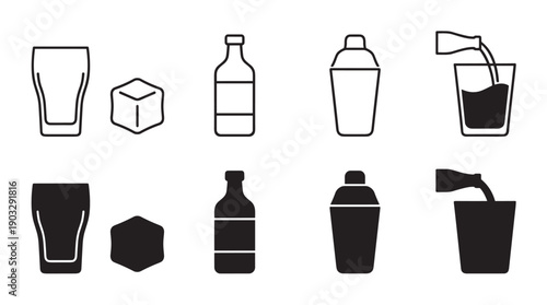 Set of black bar icons for drinks and cocktails, featuring a glass, ice cube, bottle, and shaker in both outline and solid silhouette styles