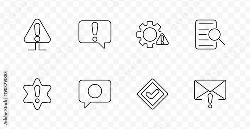 Alert notification set icon. Icons show exclamation marks in triangle, chat bubble, gear, document, badge, and envelope for system warning, validation, and status messaging.