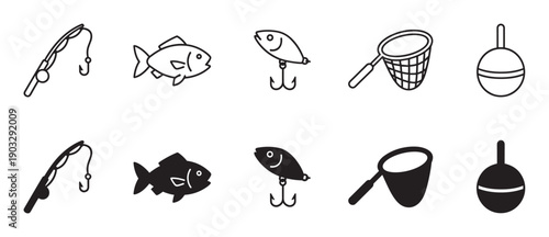 Set of black fishing equipment icons showing a rod, fish, lure, net, and bobber in two distinct minimalist styles, one as a simple outline and one as a solid silhouette