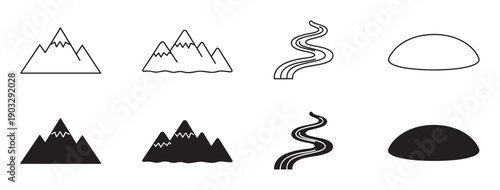 Set of minimalist nature icons featuring mountains, rivers, and hills in both black outline and solid silhouette styles for graphic design and user interface elements