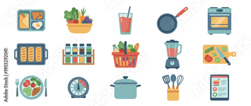 Collection of colorful flat design icons representing cooking, food preparation, and kitchen activities, including a blender, oven, groceries, healthy meal, and recipe tablet