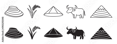 Set of black Asian farming icons featuring a rice hat, paddy, water buffalo, and mountain, presented in both simple outline and solid glyph styles for design elements