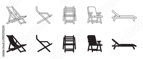 Set of black beach chair and lounger icons in minimalist line art and solid silhouette styles, representing summer vacation, relaxation, and outdoor furniture from various perspectives