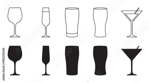 Collection of black beverage glasses in silhouette and outline styles, including wine, champagne, beer, and cocktail glasses for a bar menu or party concept illustration