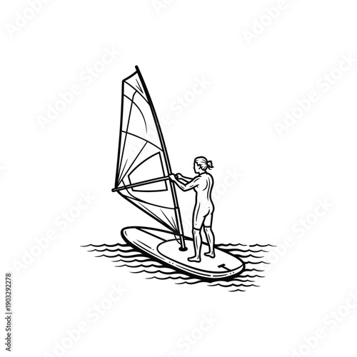 Vector windsurfing illustration, windsurfer on water, sailing sports icon, for website or presentation, Isolated on transparent background, png