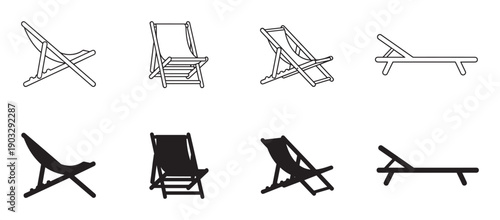 Set of beach chair icons in outline and silhouette styles for summer vacation themes, featuring various deck chairs and a sun lounger in a minimalist black and white design