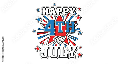 Vector 4th of July Celebration Text with Stars and Fireworks, patriotic greeting for Independence Day, banner or poster, overlay effect, isolated on transparent background, png