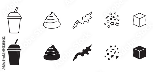 Black food and drink icon set with a disposable cup, whipped cream swirl, sauce drizzle, sprinkles, and ice cube in line art and solid glyph styles