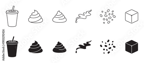 Collection of black and white graphic icons showing a drink cup, poop emoji, liquid splash, sprinkles, and a cube in outline and solid silhouette styles