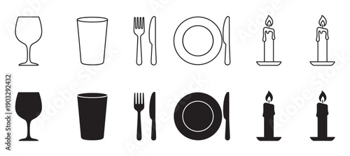 Black and white dining icon set featuring wine glass, tumbler, fork, knife, plate, and candle in minimalist outline and silhouette vector styles