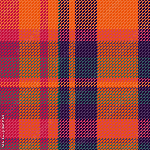 Eyecatching vibrant orange and purple plaid seamless pattern featuring a classic diagonal weave. Perfect for autumn fashion, textile design, home decor, and digital backgrounds.