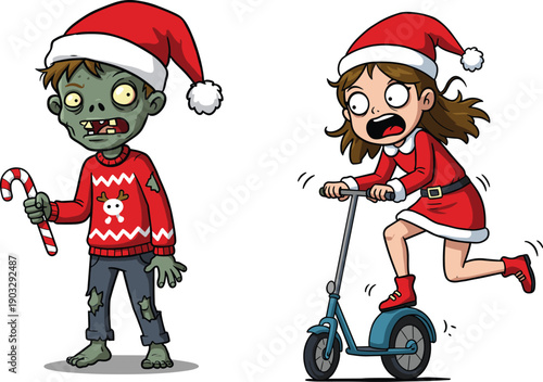 Christmas zombie cartoon, festive horror character, Santa hat monster, cheerful girl riding scooter, candy cane weapon, quirky holiday humor, playful fantasy art, Christmas zombie