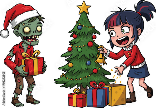 Christmas zombie cartoon, festive horror character, Santa hat monster, cheerful girl with mice, candy cane weapon, quirky holiday humor, spooky fantasy art, Christmas zombie