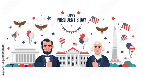 Vector illustration of President's Day celebration with icons of American flags, eagles, and presidential portraits in a festive design.