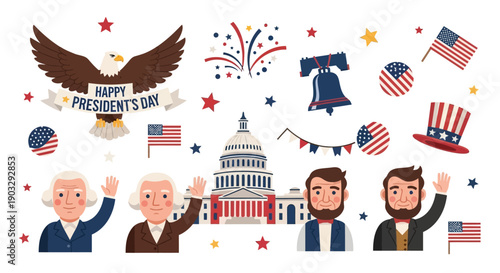 A colorful illustration of four American presidents celebrating President's Day with patriotic icons and symbols against a white background.