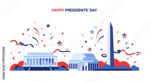 A vibrant illustration of the White House and Washington Monument celebrating Presidents' Day with festive decorations and confetti on a white background.