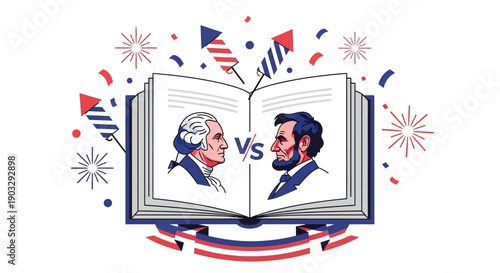 Illustration of a book with USA President portraits facing each other amidst patriotic decorations and fireworks on President's Day.