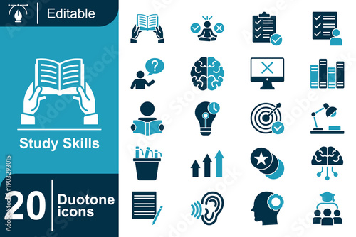 Collection of 20 duotone icons representing study skills, learning, education, and knowledge acquisition through reading and critical thinking