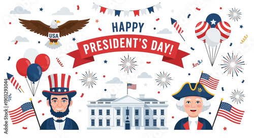 A colorful President's Day celebration illustration featuring iconic American symbols and characters in a festive design with a patriotic mood.