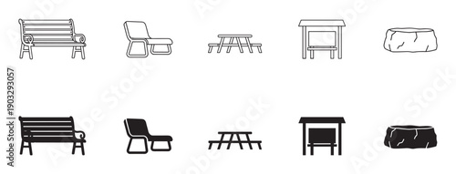 Set of park furniture icons showing a bench, chair, picnic table, shelter, and rock in two graphic styles, a simple line art outline and a solid black silhouette