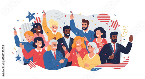Illustration of people celebrating President's Day in a colorful, decorative setting with American flags and stars.