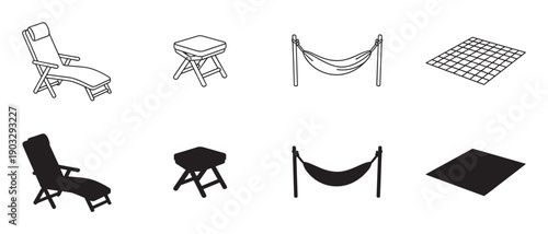 Set of outdoor furniture and equipment icons including a chaise lounge, stool, hammock, and mat, presented in both line art and solid black silhouette graphic styles