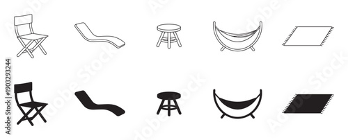 Set of furniture and decor icons featuring a chair, lounge, stool, hammock, and rug in two styles, a clean black outline and a solid silhouette for graphic design