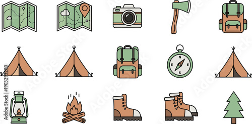 Flat Camping and Outdoor Adventure Icon Set with Map Camera Tent Backpack Compass and Hiking Equipment Symbols