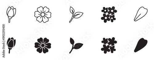 Set of black floral icons in minimalist line art and solid silhouette styles showing various elements like buds, blossoms, leaves, and petals for graphic design