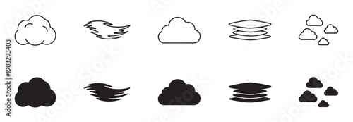 Set of black cloud and smoke icons presented in both solid silhouette and thin line art styles, featuring various shapes like puffy cumulus, wispy fog, and layered mist