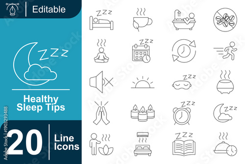 Healthy Sleep Tips Vector Icons Essential Elements for Restful Nights and Well-being
