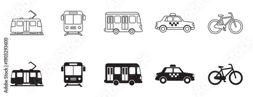 Set of black public transport icons in two styles, outline and solid silhouette, showing a tram, bus, taxi, and bicycle for urban mobility and travel concepts