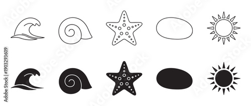 Set of simple black beach icons including a wave, shell, starfish, stone, and sun in both outline and solid silhouette styles for graphic design