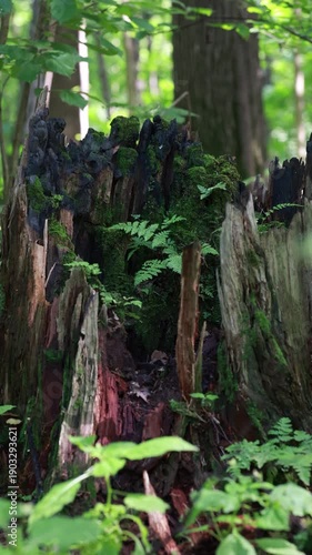Old Decaying Tree Stump Covered With Green Moss And Small Ferns In Summer Forest. Vertical.