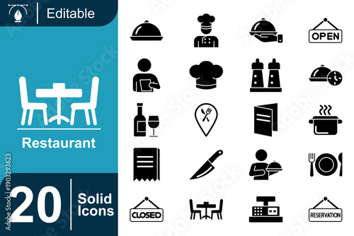 20 Solid Restaurant Icons Table, Chef, Food, Open, Closed, Menu, Kitchen Tools and Dining Service Icons for Hospitality